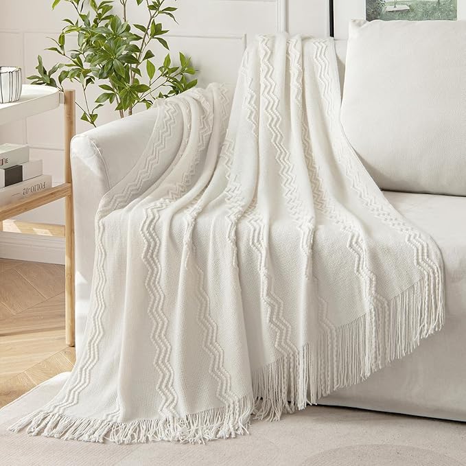 MIULEE Off White Knitted Throw Blanket for Couch Textured Knit Blanket with Tassels Cozy Woven Boho Bed Blanket for Sofa Bed Chair Acrylic Wave Pattern 50"x60"-Ruum Studio Home
