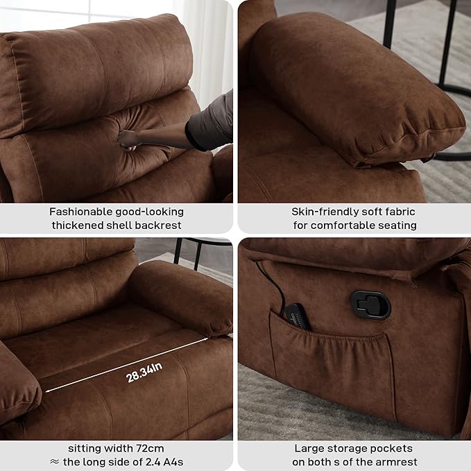 Oversized Power Recliner Chair 350lb with Hidable Cup Holders, Extra Wide Large Big Electric Recliner Chair with Lumbar Support Pillow Nursery Chair Living Room (Manual, BROWN-6002-1)-Ruum Studio Home