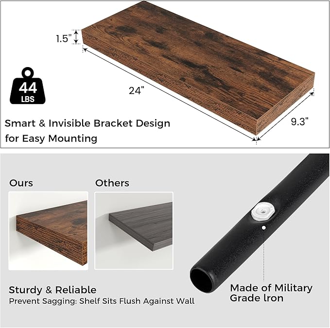 Floating Shelves - 2 Large Wall Mounted Shelves with Invisible Brackets, Long Wood Floating Wall Shelf for Living Room, Bedroom, Kitchen, (Brown, 24" W x 9" D x 1.5" H)-Ruum Studio Home