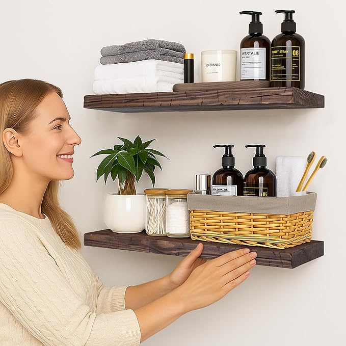 BGMG Floating Shelves 24 inch Long, Distressed,Wide Rustic Wooden Wall Shelves for Bathroom Living Room Bedroom Kitchen Farmhouse Set of 2-24x6.7x1.25 inch-Distressed Walnut-Ruum Studio Home