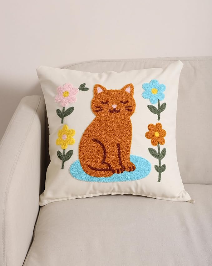 katre home madame & textile Cat Throw Pillow Cover – 100% Cotton Embroidered Decorative Cushion Case 18x18 – Handmade Punch Needle Pillow for Sofa, Bed, Couch or Gift for Cat Lovers-Ruum Studio Home