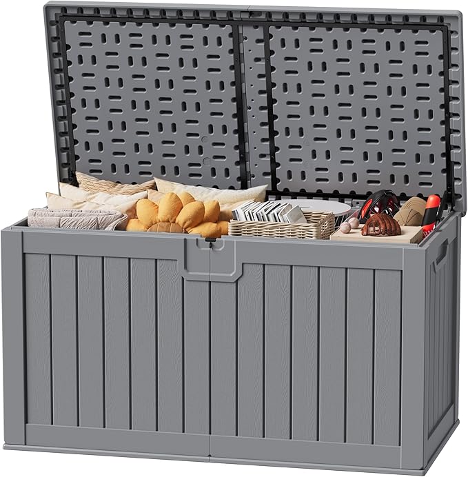 JUMMICO 250 Gallon Outdoor Resin Deck Box with Divider, Waterproof Storage Box with Lockable Lid&Side Handles for Garden Tools, Pools Supplies (Gray)-Ruum Studio Home