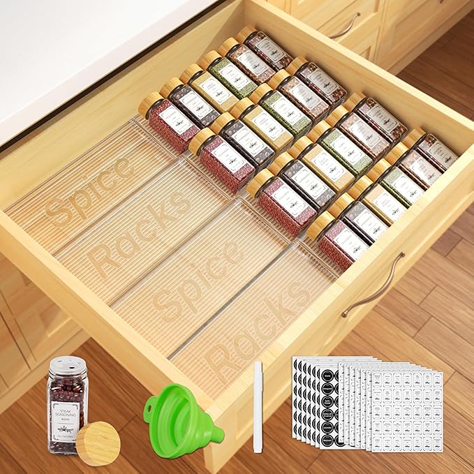 24 Spice Jars with Spice Drawer Organizer, 355 Spice Labels, 4 Pack Expandable From 11'' to 21'' Acrylic Spice Rack for Drawer, Seasoning Containers Storage Organization for Kitchen Cabinet Countertop-Ruum Studio Home