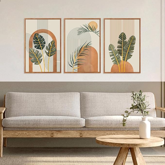 KAIRNE Boho Canvas Wall Art,Tropical Palm Leaf Wall Decor,Mid-Century Geometric Illustrations Set of 3(16”X24”),Abstract Line Pictures,Modern Botanical Prints for Living Room Bedroom Dining Room Decor-Ruum Studio Home