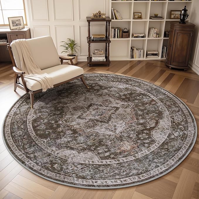 AMOAMI-6FT Round Rug-Rugs for Living Room-Vintage Soft Brick/Brown Rugs for Bedroom-Non Slip Circle Rug-Machine Washable Rug for Dining Room Living Room Bedroom Office Under Table-Ruum Studio Home