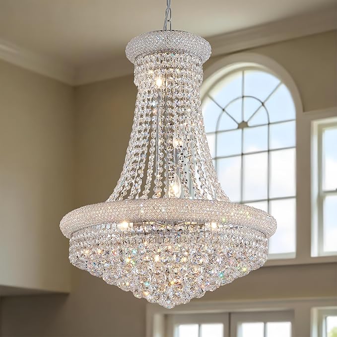 Modern Crystal Chandeliers Foryer Chandelier for High Ceilings, 11-Lights Silver Empire Crystal Chandeliers for Living Dining Room Entryway Hallway(D23.6)-Ruum Studio Home