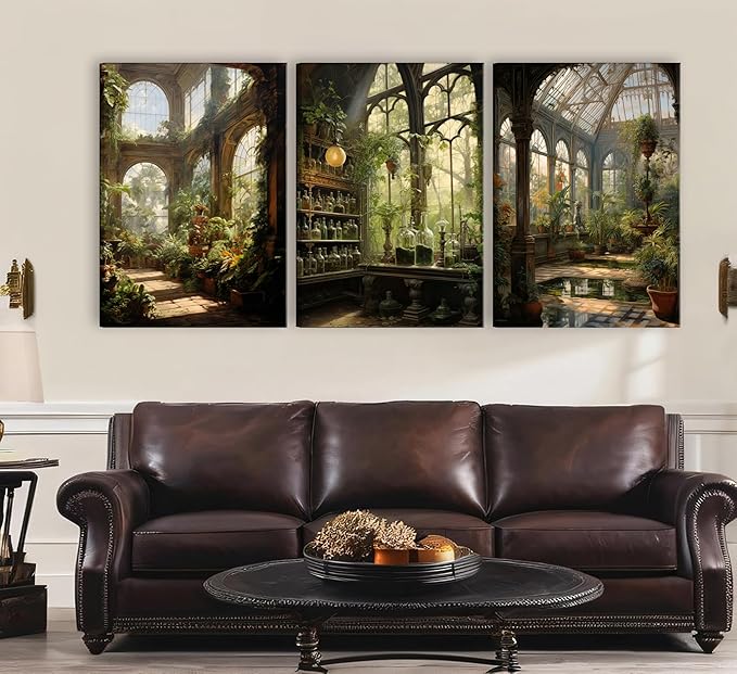 3pcs Framed William Morris Green Plants Canvas Wall Art Medieval Castle Posters Prints Gothictalian Landscape Painting Pictures Paintings Wall Decor for Living Room Bathroom Bedroom Decoration-Ruum Studio Home