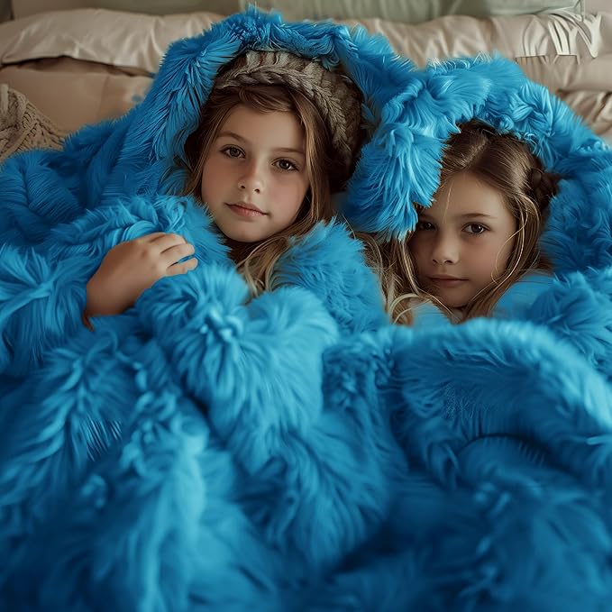 Bedsure GentleSoft Fluffy Bright Blue Blankets Queen Size for Bed, Thick Sherpa Faux Fur Fleece Fuzzy Plush Winter Warm Soft Queen Blankets, Bedroom Decor Blue Cozy Gifts for Women Men, 90x90-Ruum Studio Home