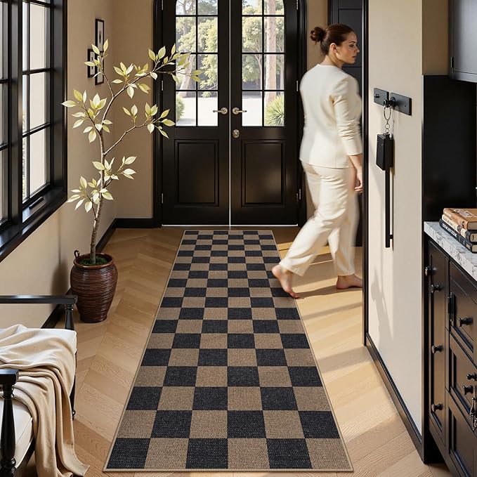 Lahome Checkered Easy Jute 2x8 Runner Rug, Washable Kitchen Runner Rug Non Slip for Entryway Indoor, Checkerboard Black Indoor Outdoor Carpet for Hallway 8ft Entry Laundry Porch-Ruum Studio Home