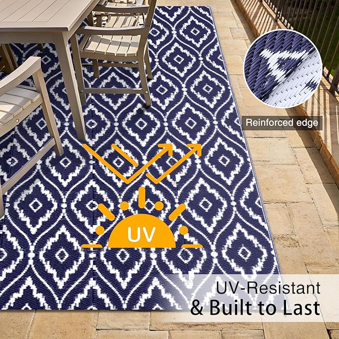 OLANLY Outdoor Rug 5x8 ft Waterproof, Outdoor Plastic Straw Rug with Geometric Pattern Clearance, Reversible RV Mat for Patio, Camping, Balcony, Deck, Backyard, Navy & White-Ruum Studio Home
