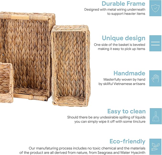 VATIMA Large Water Hyacinth Storage Baskets for Organizing with Wooden Handles for Shelves, 2 Bathroom Small Basket, Water Hyacinth Toilet Paper Baskets, Set of Natural Wicker Storage Basket for Home-Ruum Studio Home