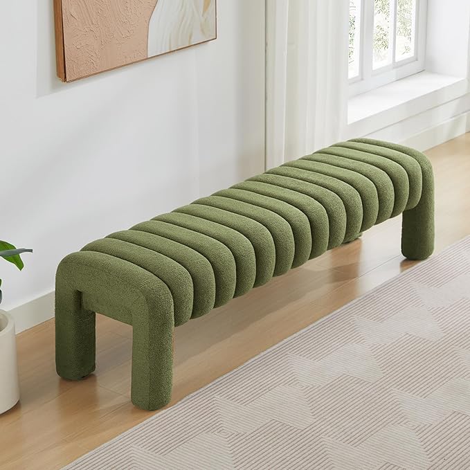 63" Bedroom Bench, Upholstered Entryway Bench, Modern End of Bed Ottoman with Solid Wood Legs and Adjustable Foot Pegs for Entryway, Dining Room and Living Room, 440lbs (Green Boucle)-Ruum Studio Home
