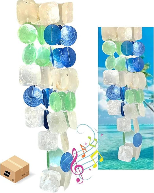 Bellaa 22906 Wind Chimes Outdoor, Garden Decorations, Musical, Indoor/Outside Windchimes, Beach, Ocean Breeze, Gifts for Mom, Gift for All Occasions, Capiz Sea Glass Shells Wood White Blue Green-Ruum Studio Home