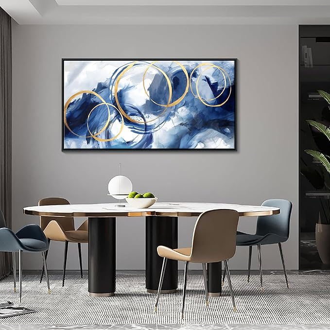 Framed Abstract Wall Art Blue Modern Art Wall Decor Artwork For Living Room Huge Wall Canvas Office Pictures For Navy Gold Modern Decorations For Bedroom Size 24x48in-Ruum Studio Home