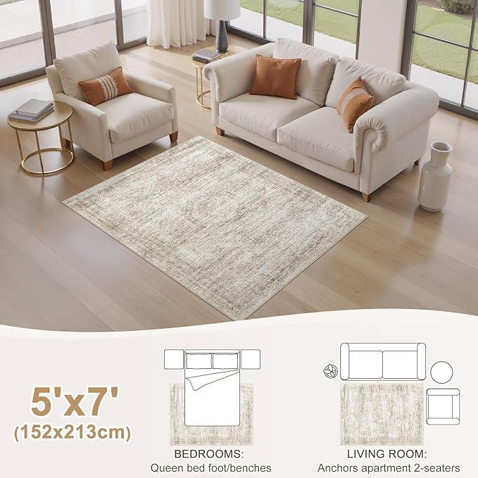 Washable Area Rugs for Living Room -5x7 Neutral Vintage Distressed Floral Farmhouse Boho Large Soft Floor Rug Indoor Non Slip Carpet for Living Room Bedroom Dining Room Office-Beige-Ruum Studio Home