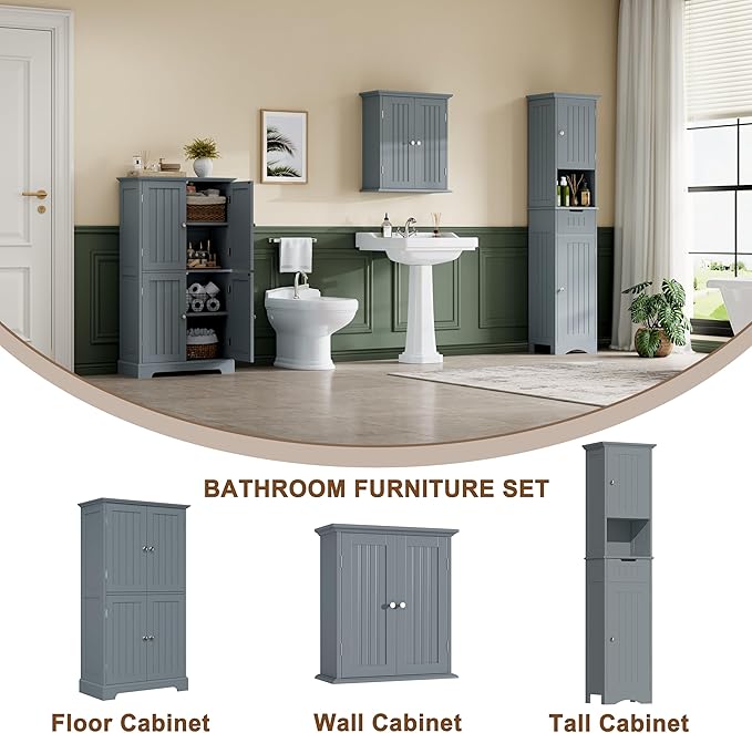 ChooChoo 67" Tall Bathroom Storage Cabinet Freestanding with Adjustable Shelves, Narrow Storage Linen Cabinet with 2 Doors and 1 Drawers for Bathroom, Living Room, Kitchen, Grey-Ruum Studio Home