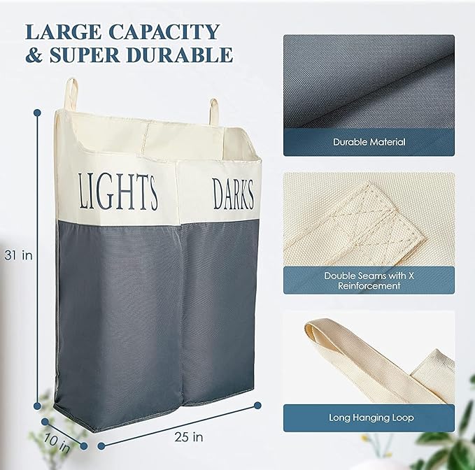 The Fine Living Co. X-Large Two Compartments Hanging Laundry Hamper with Over Door Hooks, Durable Space Saving Laundry Bag Storage with Bottom Zipper, Wide Open Top Dark/Light Compartment(25"x10"x31")-Ruum Studio Home