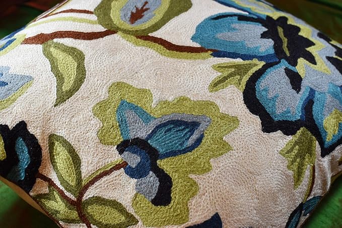 Modern Cream Decorative Floral Pillow Cover Needlepoint White Flower Hand Embroidered Pillowcase Flowery Outdoor Suzani Accent Cushion Boho Chair Modern Chair Pillowsham Wool Size 18x18-Ruum Studio Home