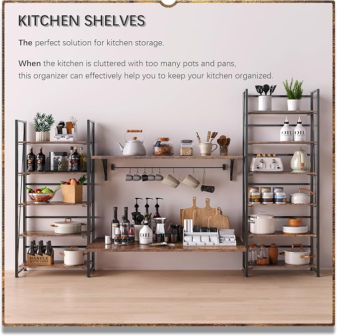 4NM No Assembly Foldable Bookshelf, 6-Shelf Collapsible Bookcase Storage for Small Spaces, 74" H, Rustic Brown and Black-Ruum Studio Home