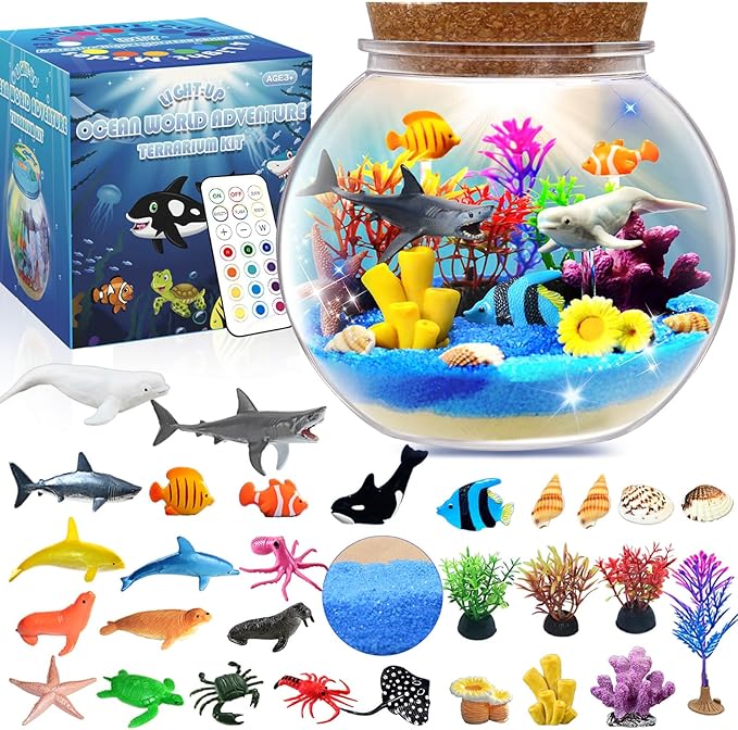 Ocean Light Up Terrarium Kit for Kids - Sea Animal Toys LED Night Light Birthday Gift for Boys & Girls Ages 4 5 6 7 8-12, Kids Arts & Crafts Kit-Ruum Studio Home