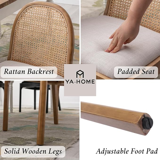 Mid Century Dining Chairs Set of 6, Accent Rattan Linen Fabric Side Chairs Kitchen Chair with Solid Wooden Legs for Living Room Dining Room, Beige-Ruum Studio Home