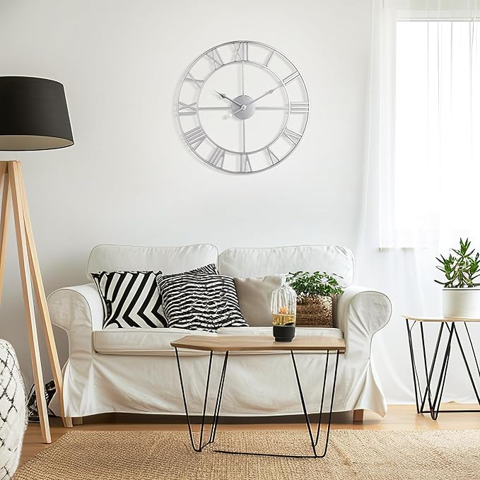 Large Wall Clock - 40cm/ 16 Inches Silent Non-Ticking Metal Wall Clock, Vintage Modern Silver, Battery Operated, Ideal for Living Room, Bedroom, Office, Farmhouse Decor-Ruum Studio Home