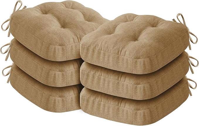 Chair Cushions for Dining Chairs, Dining Chair Cushions, Tufted Indoor Chair Pads with Ties & Non Slip Backing, Seat Cushions for Kitchen Chairs 16.5” x 16.5” x 3.5”, Set of 6, Khaki-Ruum Studio Home