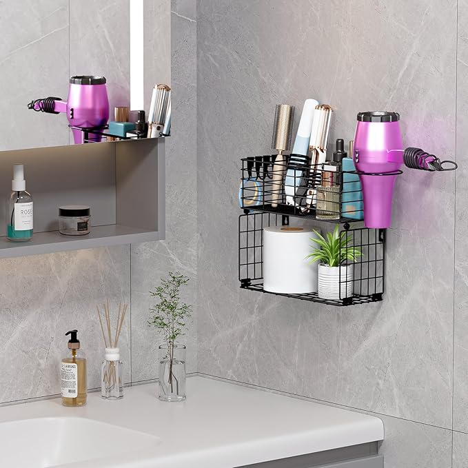 VITVITI Metal Hair Tool Organizer with Toilet Paper Basket, Bathroom Blow Dryer Curling Iron Holder Wall Mount, 2 Tiers Styling Tools Organizer for Straightener with Hooks, Black-Ruum Studio Home