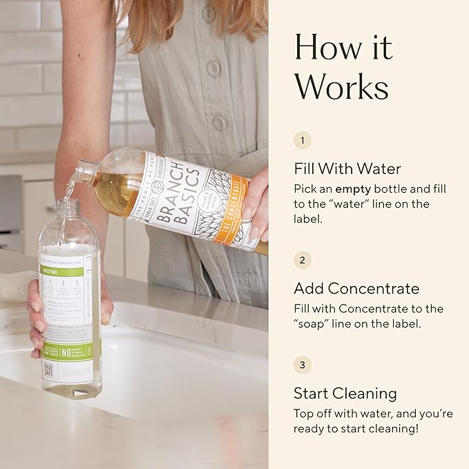 Branch Basics Cleaning Essentials Kit: All Purpose Spray, Glass Cleaner, and Bathroom Cleaner - Concentrate (33.8 Oz) + Plastic Spray Bottles for Cleaning (24 Oz) Non-Toxic, Fragrance-Free-Ruum Studio Home
