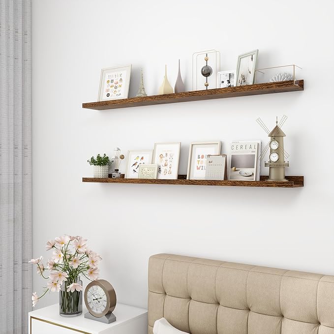 Picture Ledge Shelf, Wood Long Floating Shelves for Wall, Set of 2, 48 inch Picture Ledge Shelves, Photo Ledge Nursery Book Shelves Wall Mounted for Living Room Kids' Room Bedroom, Color Brown-Ruum Studio Home