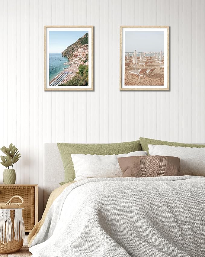 HesenDot Natural OAK Wood Framed Italian Positano Beach Wall Art,12x16in Amalfi Coast Canvas Wall Print,Summer Coastal Landscape Poster Wall Decor for Living Room,Bedroom,Office Gallery Set of 1-Ruum Studio Home