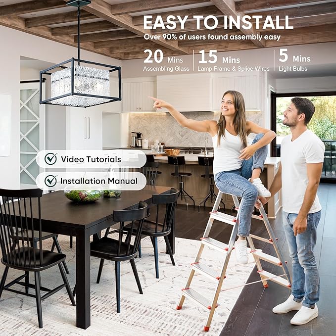 IKK Modern Foyer Chandelier, Black Crystal Chandelier for Dining Room, Square Entryway Light Fixture Hanging, Easily Adjustable Height Glass Chandeliers for Kitchen Island, Elegant Water Ripple-Ruum Studio Home