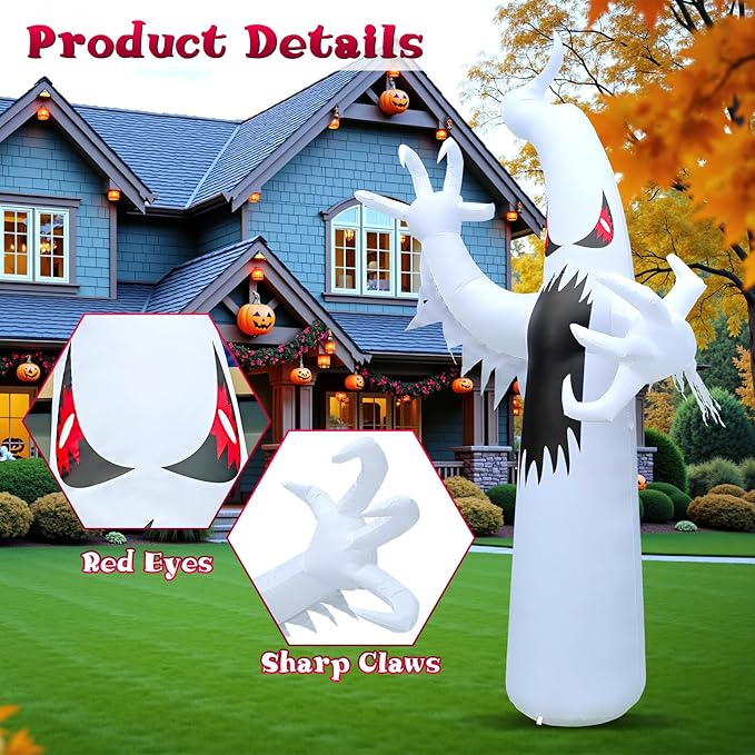12FT Halloween Inflatables Giant White Ghost, Halloween Inflatable Outdoor Decoration, LED Colored Lights, Scary Red Eyes, Devil Claws, for Indoor and Outdoor Halloween Blow Ups Party Decorations-Ruum Studio Home