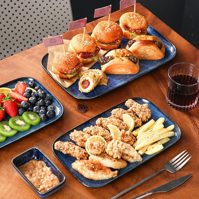 vancasso Stern Serving Platters Set of 3, 15/13/ 11 Inches Rectangular Serving Plates, Blue Serving Trays for Entertaining, Party-Ruum Studio Home