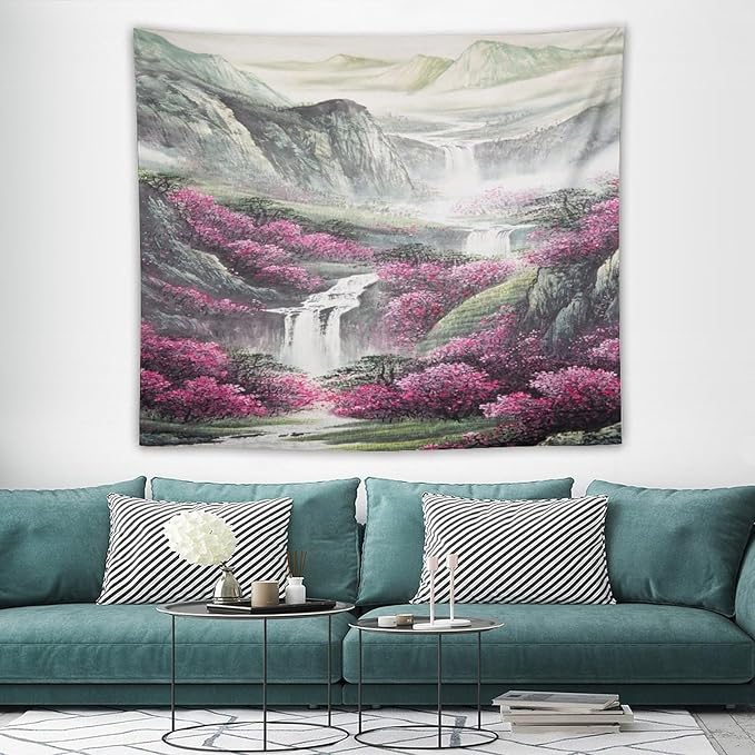 Japanese Tapestry, Red Plum Blossom Mountain Tapestry, Asian Japanese Wall Tapestry, Nature Landscape Tapestries for Bedroom Living Room Decor 60"x50"-Ruum Studio Home
