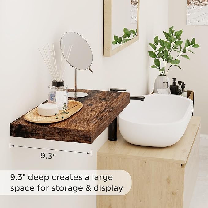 Fun Memories 16 Floating Shelves, 9 Inch Deep Wall Shelf for Bathroom, Rustic 16 x 9 Floating Shelf for Kitchen, Bedroom, Wide Wooden Shelves Wall-Mounted, Rustic Brown Color, Set of 2-Ruum Studio Home