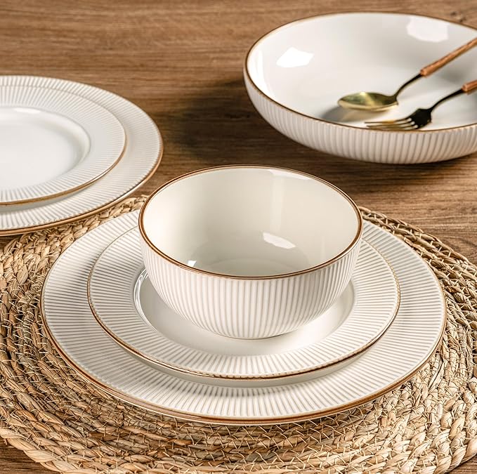 GBHOME Ceramic Dinnerware Sets,18 pcs Embossed Elegant Stoneware Plates and Bowls Sets, Housewarming Wedding Gift | Dishwasher & Microwave Safe | Dishes Set Service for 6-Ruum Studio Home