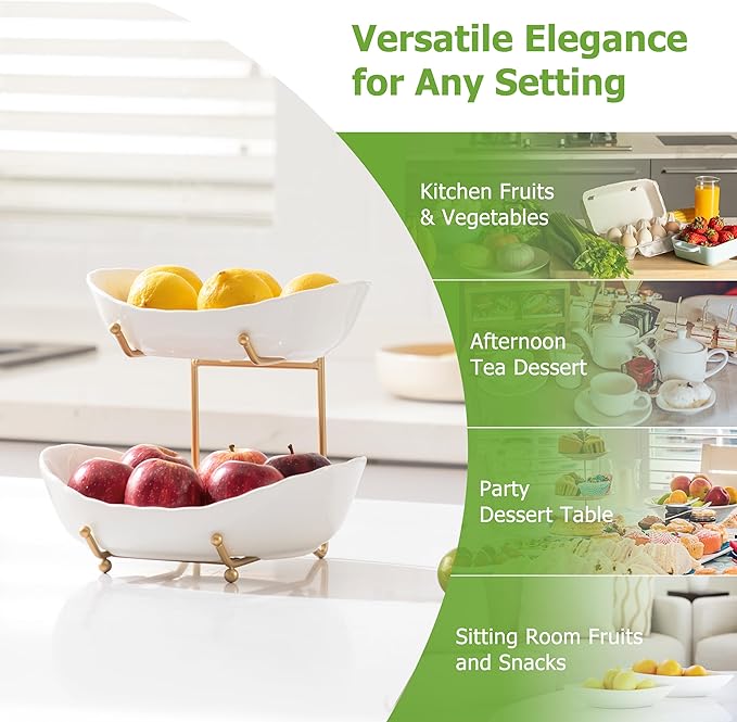 HBlife Fruit Bowl for Kitchen Counter - 2 Tier Fruit Basket with Metal Stand, Ceramic Fruit Holder for Fruit Vegetable Storage, Serving Platters Serving Trays for Party-Ruum Studio Home