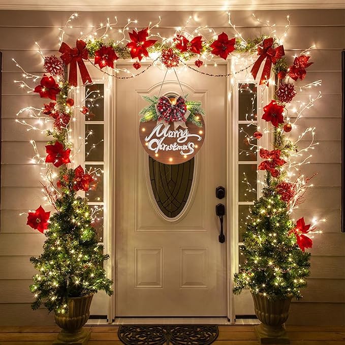 HOMCDALY Merry Christmas Sign for Front Door, Wooden Hanging Sign Door Decoration with 12 LED Light, Winter Welcome Wreath indoor outdoor Décor, Christmas Decoration.-Ruum Studio Home