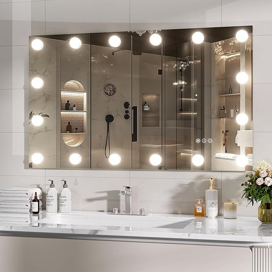 Hasipu LED Bathroom Mirror with Lights, 40" x 24" Hollywood Wall-Mounted Bathroom Mirror with 16 Dimmable Bulbs, 3 Colors Modes, Touch Control, Anti-Fog, Memory Function, Shatter-Proof, ETL Listed-Ruum Studio Home