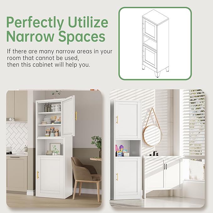 Tall Narrow Storage Cabinet 66.93" H Tall Bathroom Cabinet Metal Pantry Cabinets, 4 Adjustable Shelves for Kitchen, Home Office, Living Room, Dinning Room (20 inches Wide White)-Ruum Studio Home
