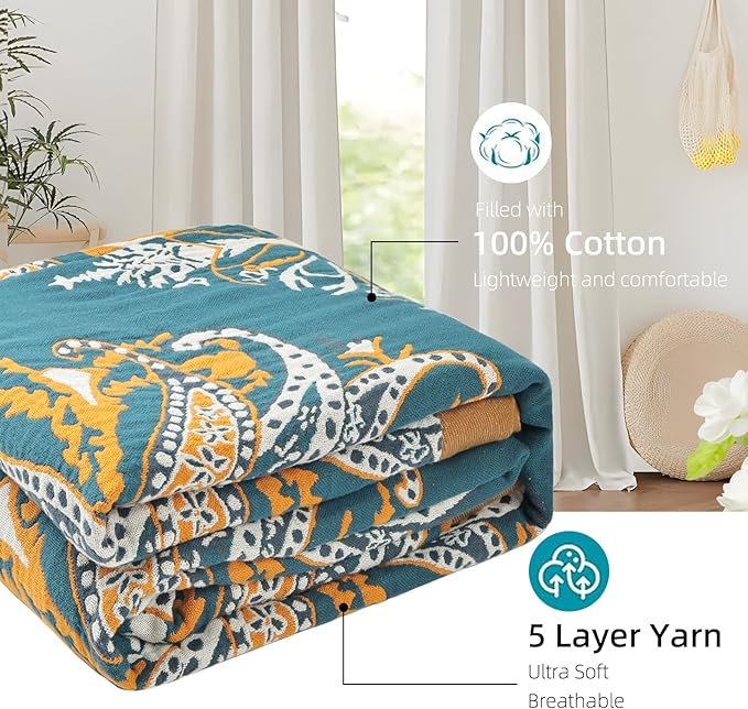 Boho Throw Blanket for Bed - 100% Pure Cotton Ultra Soft Rustic Quilt - Farmhouse Decor Bed Blankets, All Season Rustic Throw for Sofa Couch Chair(60"×80", Boho Floral)-Ruum Studio Home
