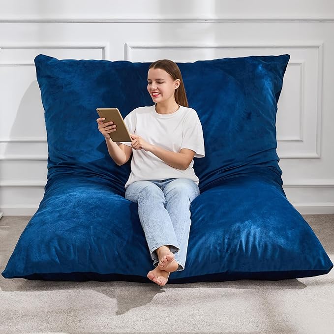Hobestluk 3 in 1 Bean Bag Chair Giant Bean Bag Chairs for Adults with Velvet Cover Convertible Bean Bag Floor Cushion with Machine Washable Cover for Living Room (Velvet Blue)-Ruum Studio Home