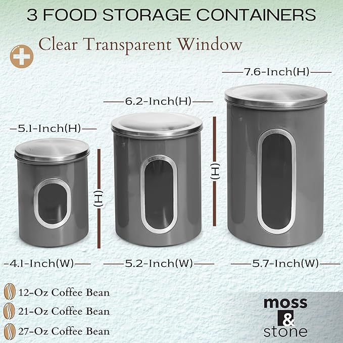 Moss & Stone 3-Piece Gray Canisters Sets For The Kitchen, Airtight Canister Set With See Through Window, Storage Jars for Coffee Container, Tea Organizer & Sugar Canister, Gray Kitchen Canisters-Ruum Studio Home