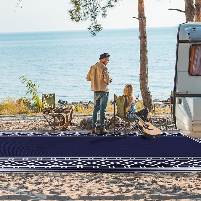 GENIMO Outdoor Rug Waterproof Area 10'x14' for Patio, Foldable Reversible Plastic Straw Carpet for Travel Trailers, Outside Mat for Rv, Deck, Picnic, Porch, Camper, Balcony, Beach, Blue & White-Ruum Studio Home