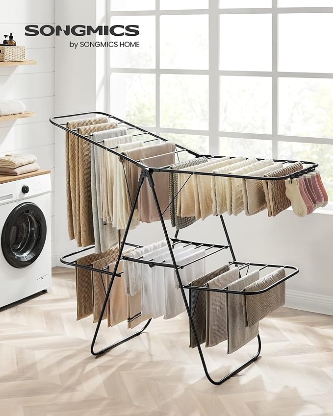 SONGMICS Clothes Drying Rack, Foldable 2-Level Laundry Drying Rack, Free-Standing Laundry Airer, with Height-Adjustable Wings, 33 Drying Rails, Sock Clips, Black ULLR053B01V1-Ruum Studio Home
