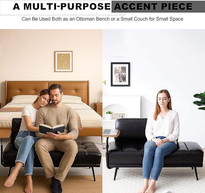 Sofa,Bed Bench,Small Spaces Furniture,Polyurethane Leather,Wood Frame,High Density Sponge Infillings,360-Degree Swivel Tray,Black Metal Leg (Black)-Ruum Studio Home