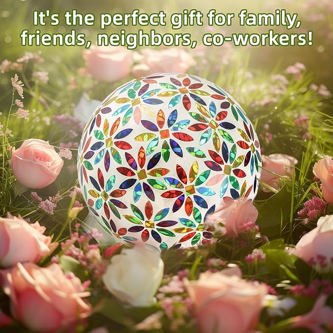 VOREEN Mosaic Glass Gazing Ball Outdoor Gazing Globe, Reflective Ball Yard Decoration for Homes, Patio, Lawn and Gardens, Gift for Mom Wife Friend, 10-Inch, Multi Colored Flowers Design-Ruum Studio Home