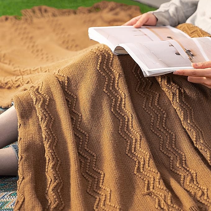 MIULEE Knitted Brown Throw Blanket for Couch,Boho Bed Decor Knit Outdoor Blankets Throw Size with Tassels Cozy Woven for Sofa Home Chair Wave Pattern 50" x 60" Inches-Ruum Studio Home