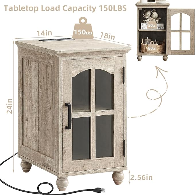 Narrow Side Table Set of 2,Farmhouse Nightstand with Charging Station,End Table with Glass Barn Door Storage, Cabinet Organizer with Adjustable Shelf, Night Stand for Small Spaces Living Room Bedroom-Ruum Studio Home